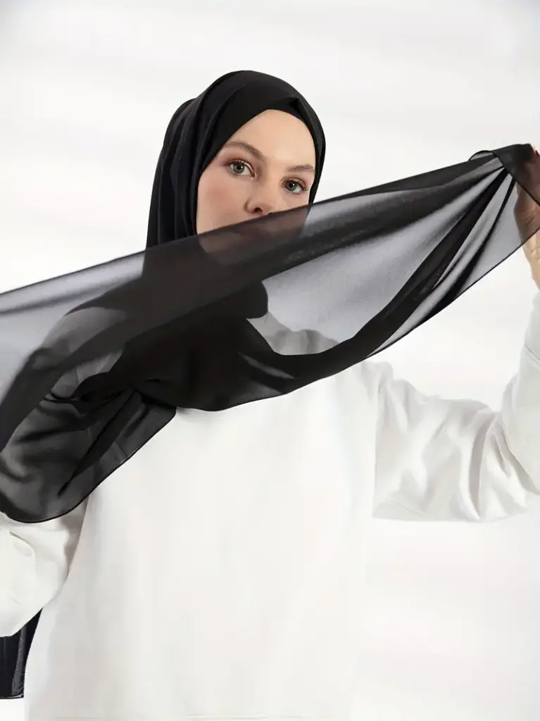 Black Solid Color Chiffon Hijab, Elegant Scarf, Windproof Sunscreen Shawl Head Wrap For Women