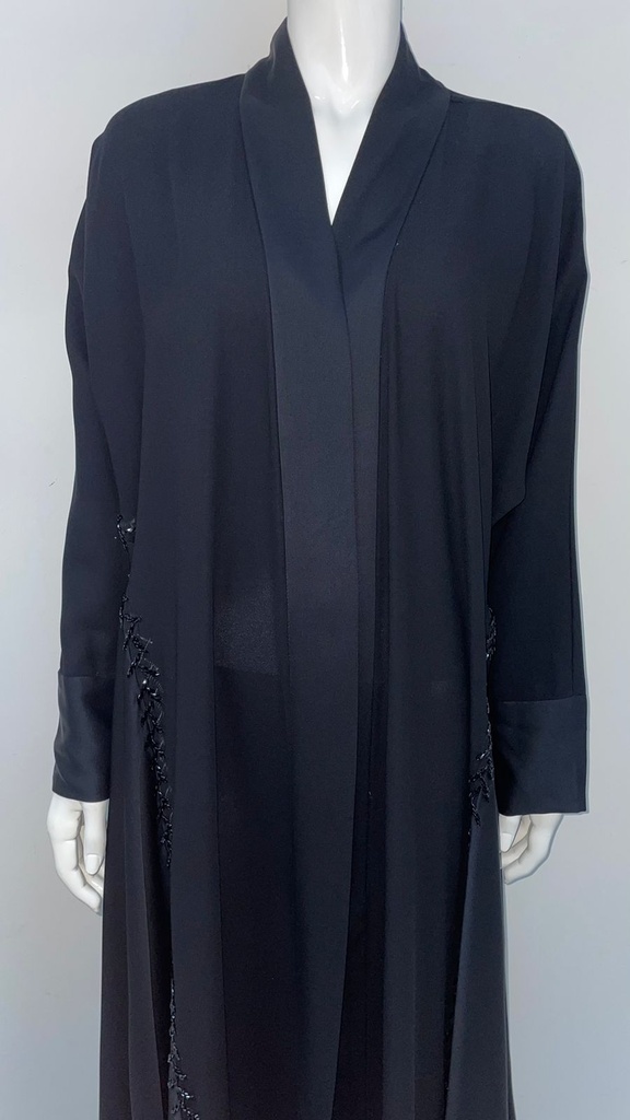 Black Open Abaya With Beaded Embroidery Design