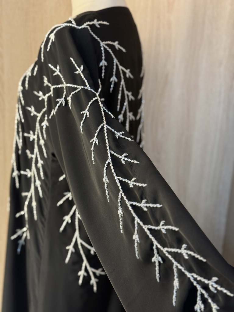 Sliver leaves hand beaded black abaya
