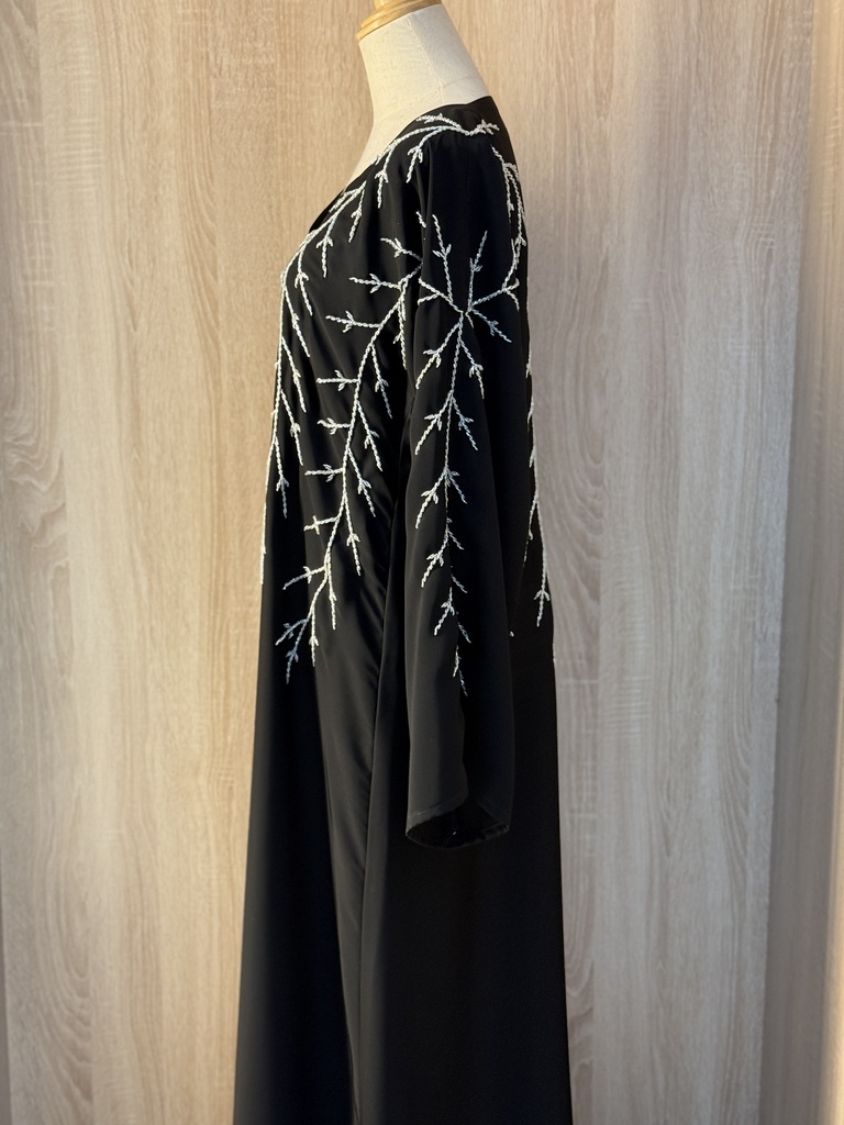 Sliver leaves hand beaded black abaya
