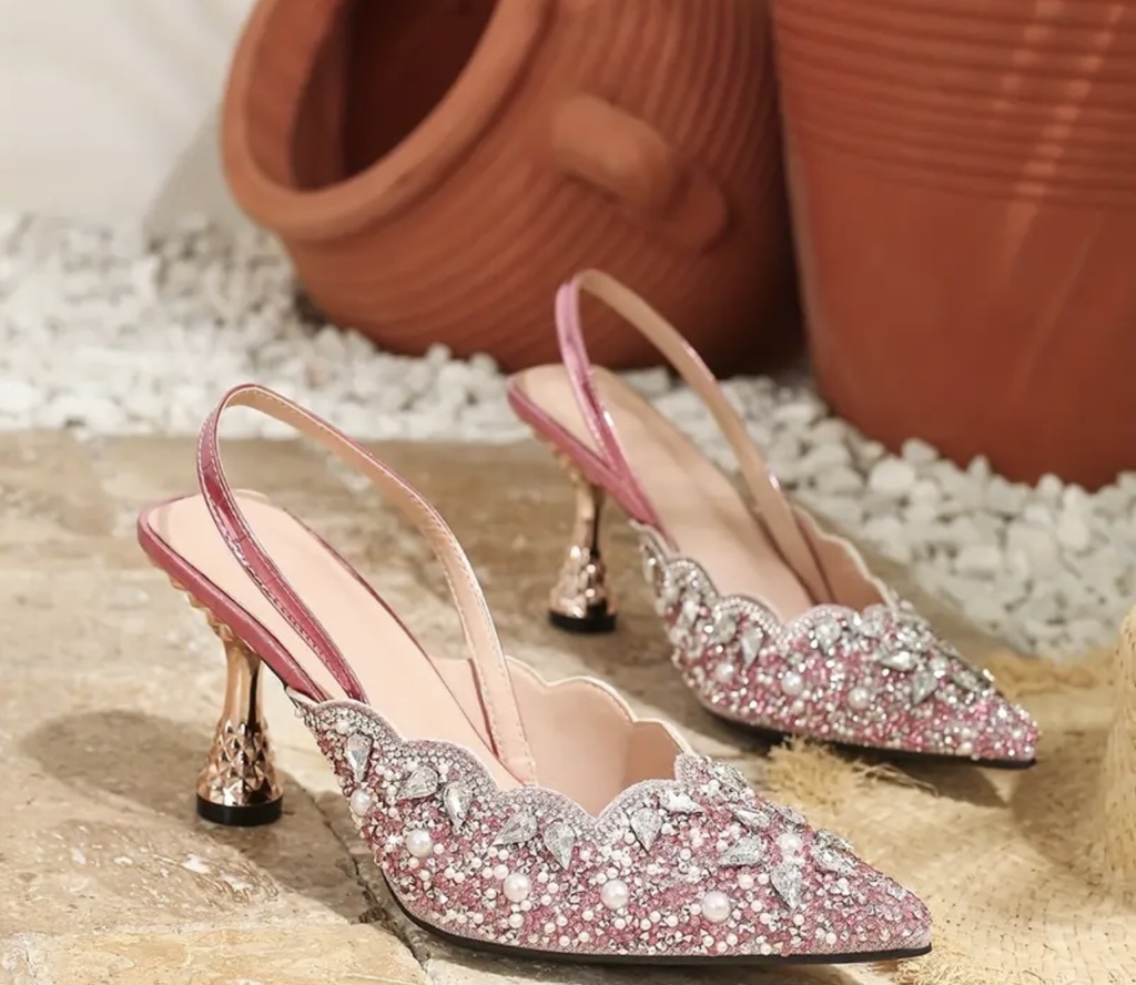 Pink Rhinestone pointed toe high heels  