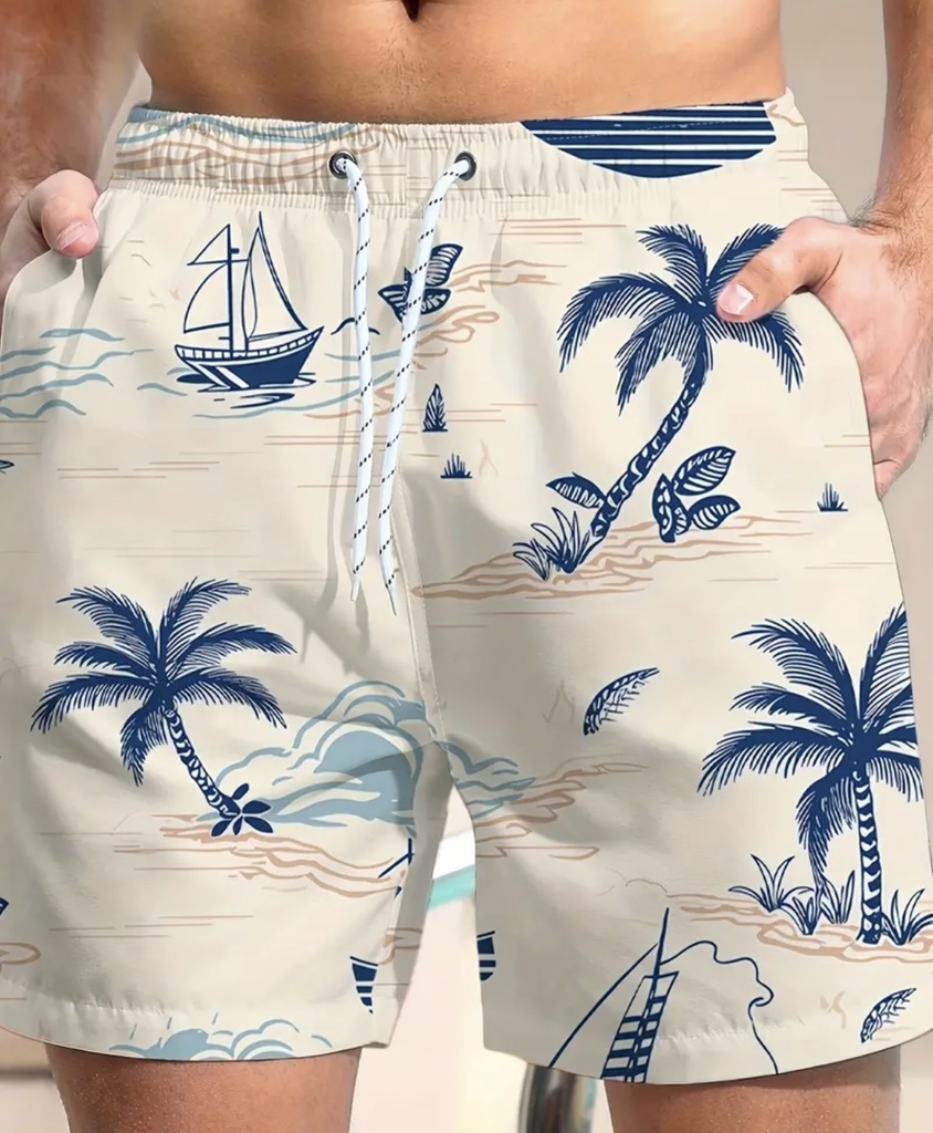 Men's palm tree White Print Beach Shorts  