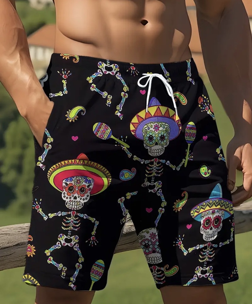 Men's Mexican skeletal black Beach Shorts  