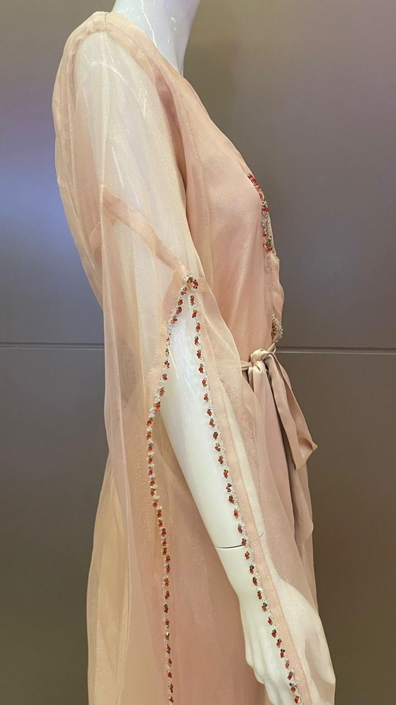 Lovely peach tulle dress with embellished flowing sleeves for a stylish look