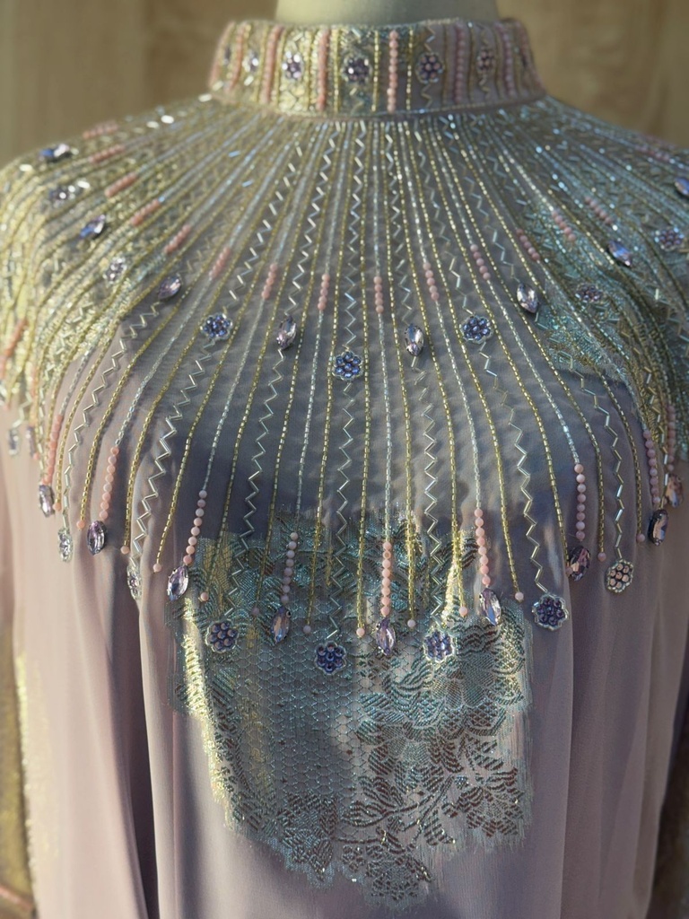 Pink Hand Beaded Lined High Neck Dress