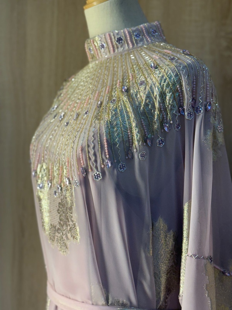 Pink Hand Beaded Lined High Neck Dress