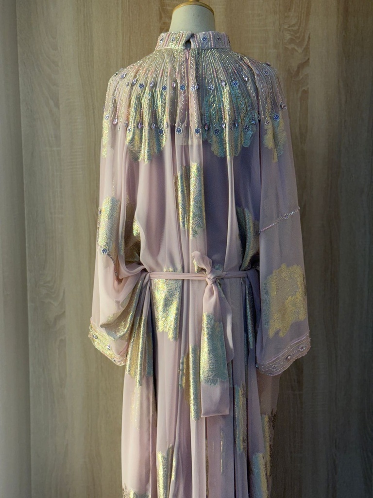 Pink Hand Beaded Lined High Neck Dress