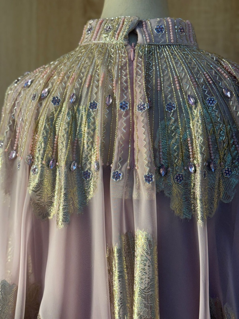 Pink Hand Beaded Lined High Neck Dress