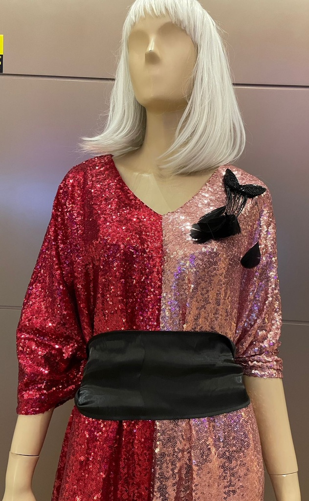 Red-Pink Kaftan with Sequined Embroider