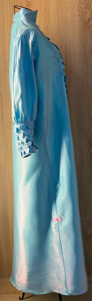 Elegant Sky Blue Satin Dress with Circular Embellishments