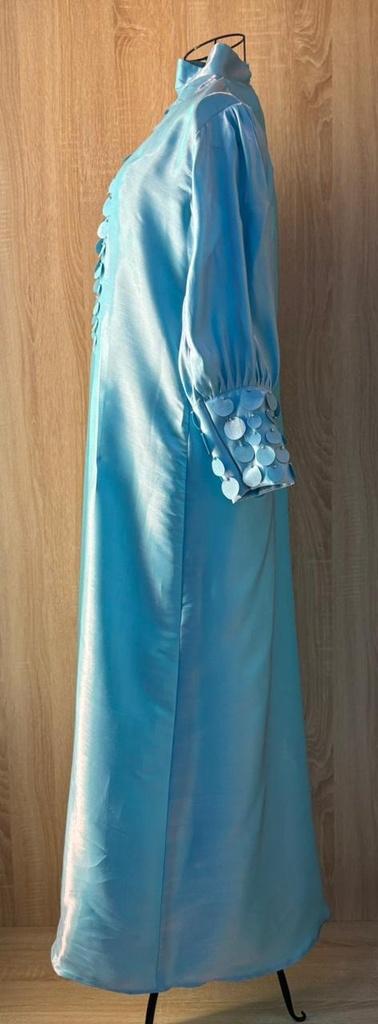 Elegant Sky Blue Satin Dress with Circular Embellishments