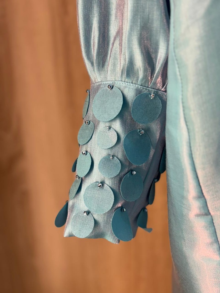 Elegant Sky Blue Satin Dress with Circular Embellishments