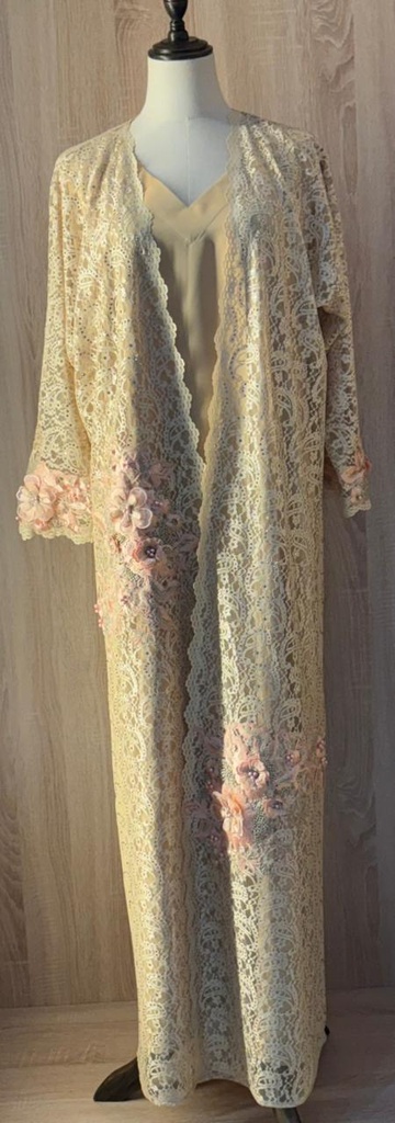 Golden Floral Lace Abaya With Dress And Sheila