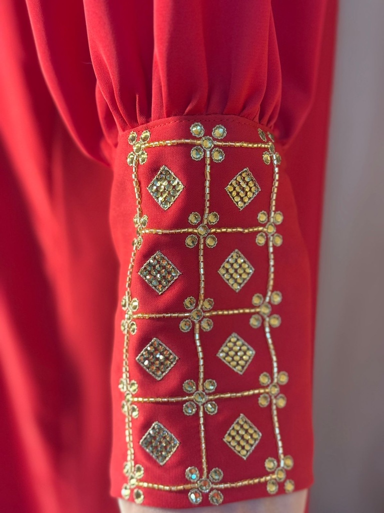 Elegant Red Dress with Golden Embroidery