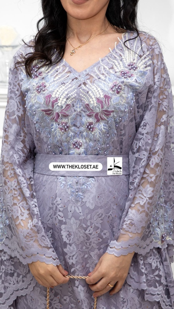 Elegant  grey dress embellished with beads  