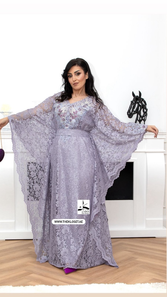 Elegant  grey dress embellished with beads  
