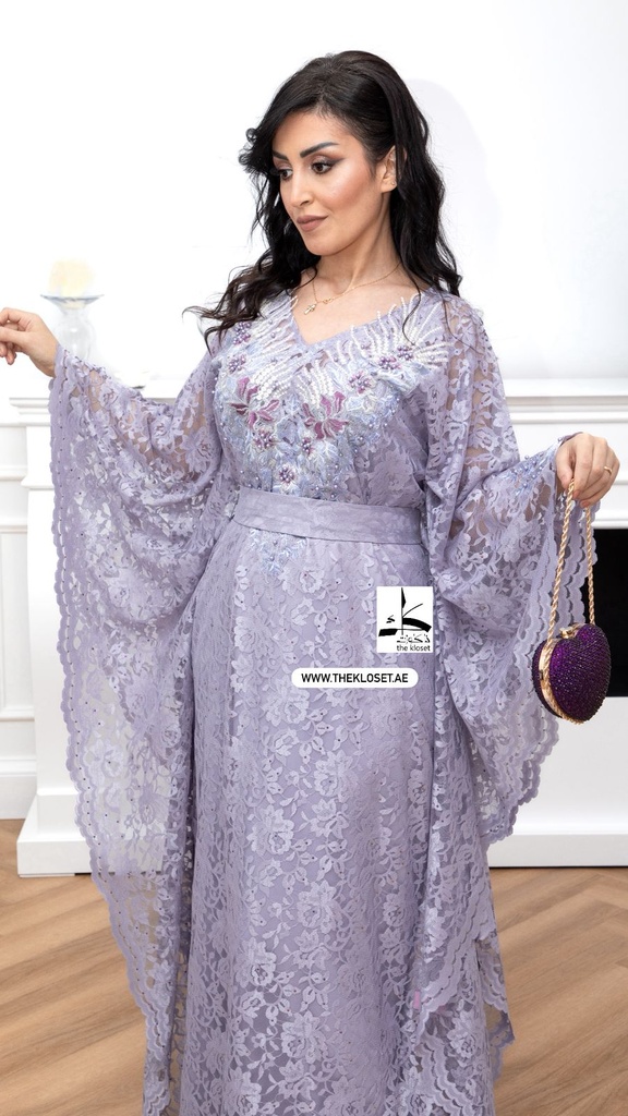 Elegant  grey dress embellished with beads  