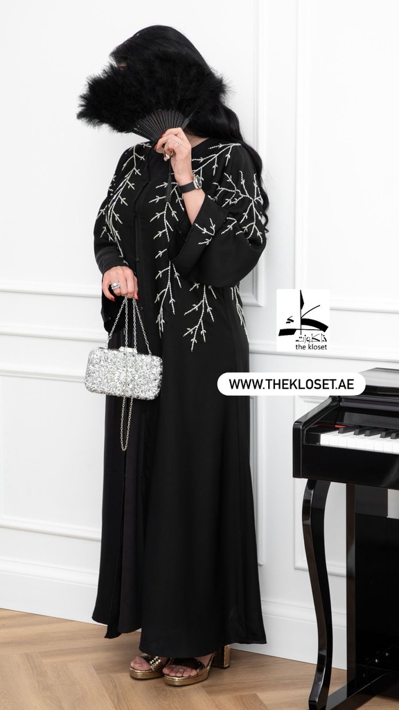Sliver branches hand beaded black abaya