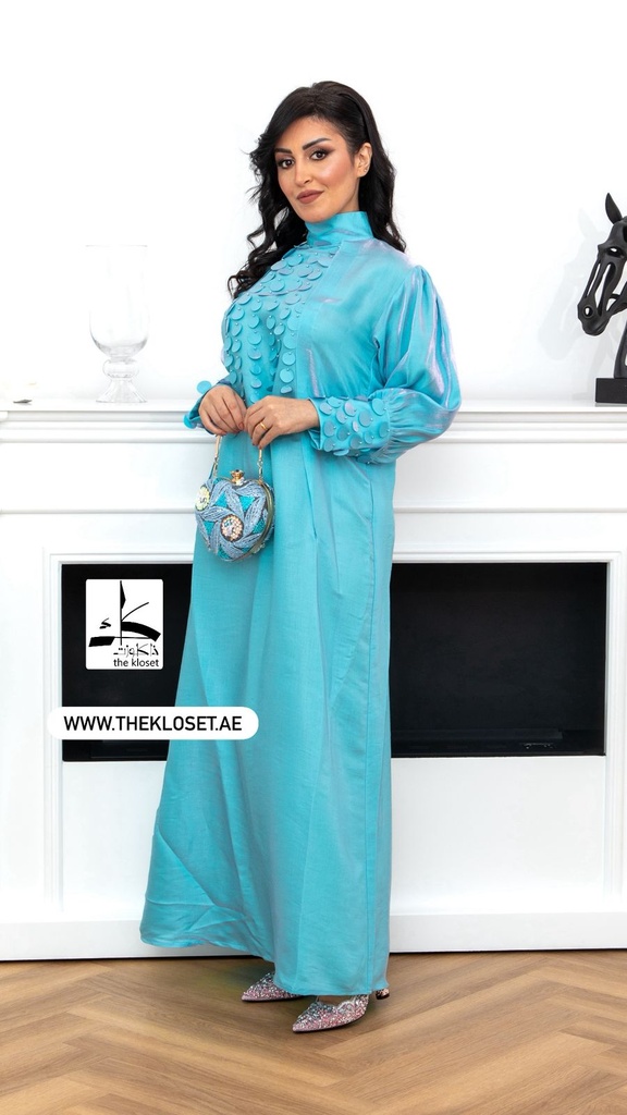 Elegant Sky Blue Satin Dress with Circular Embellishments
