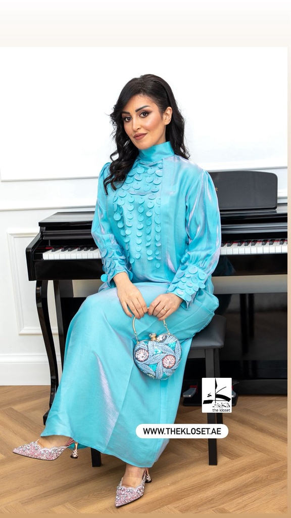 Elegant Sky Blue Satin Dress with Circular Embellishments