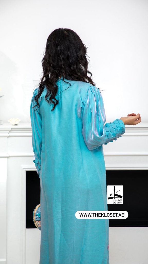 Elegant Sky Blue Satin Dress with Circular Embellishments