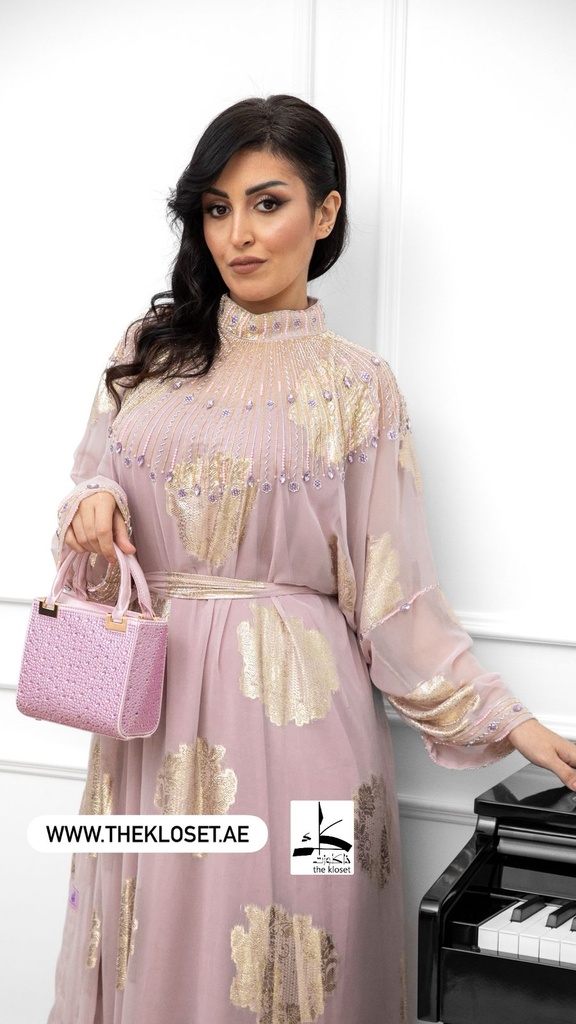 Pink Hand Beaded Lined High Neck Dress