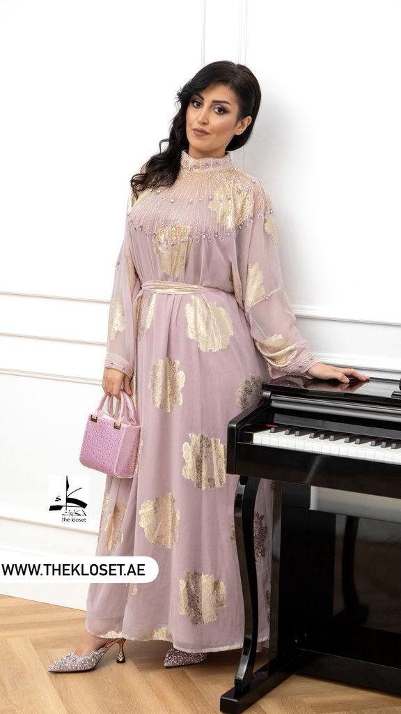 Pink Hand Beaded Lined High Neck Dress