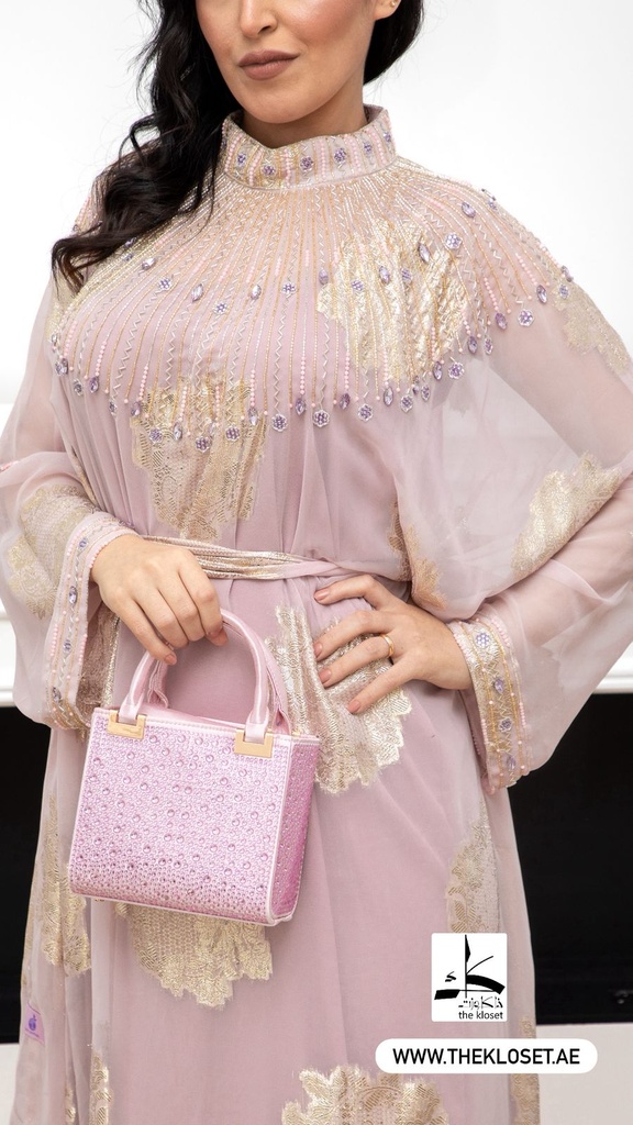 Pink Hand Beaded Lined High Neck Dress