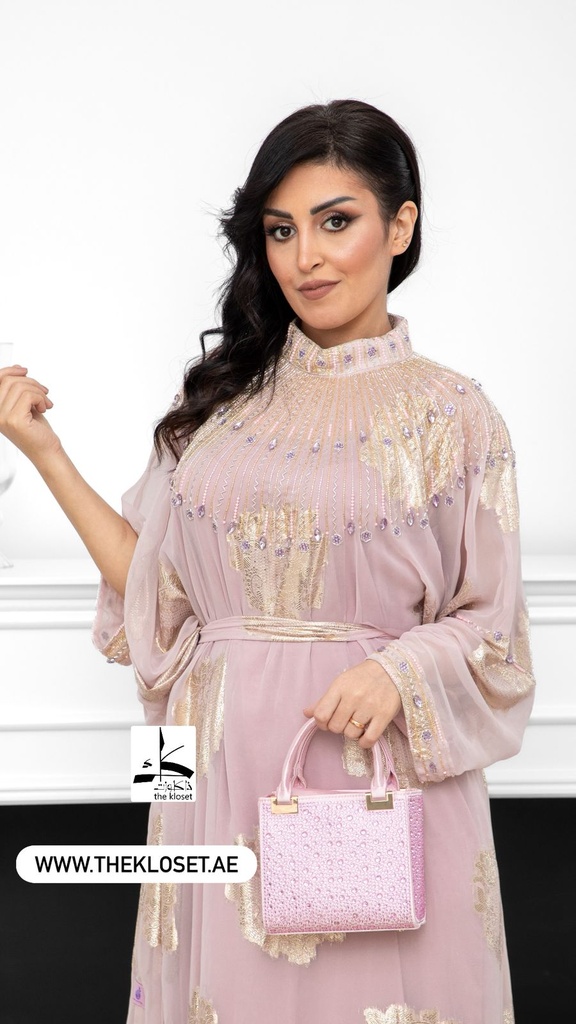 Pink Hand Beaded Lined High Neck Dress