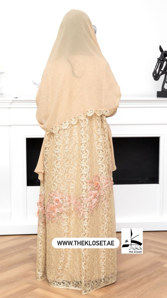 Golden Floral Lace Abaya With Dress And Sheila