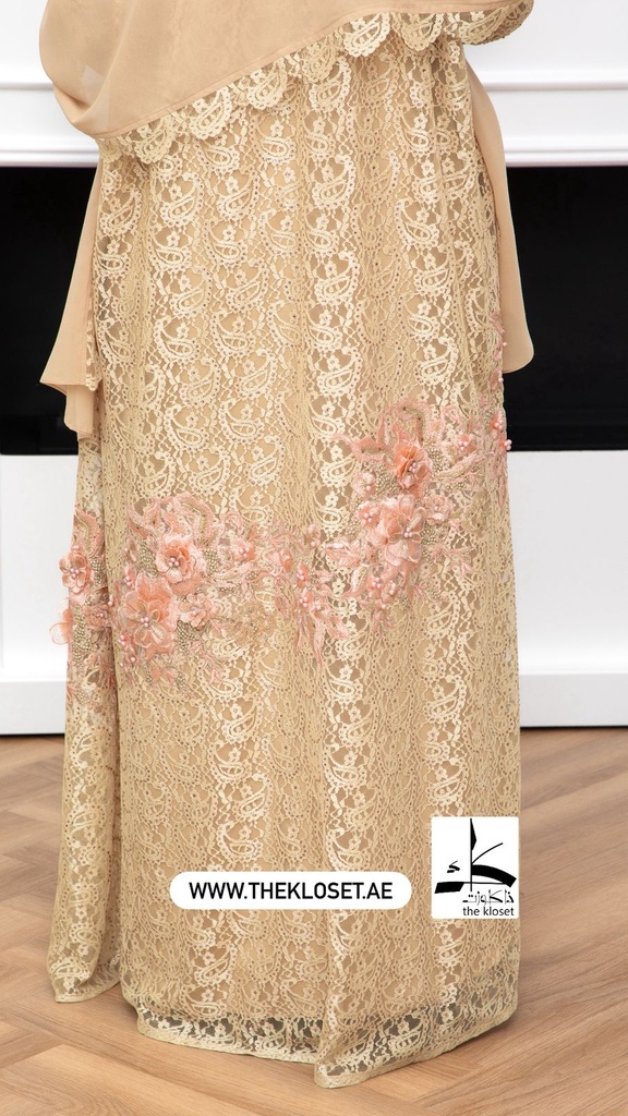 Golden Floral Lace Abaya With Dress And Sheila