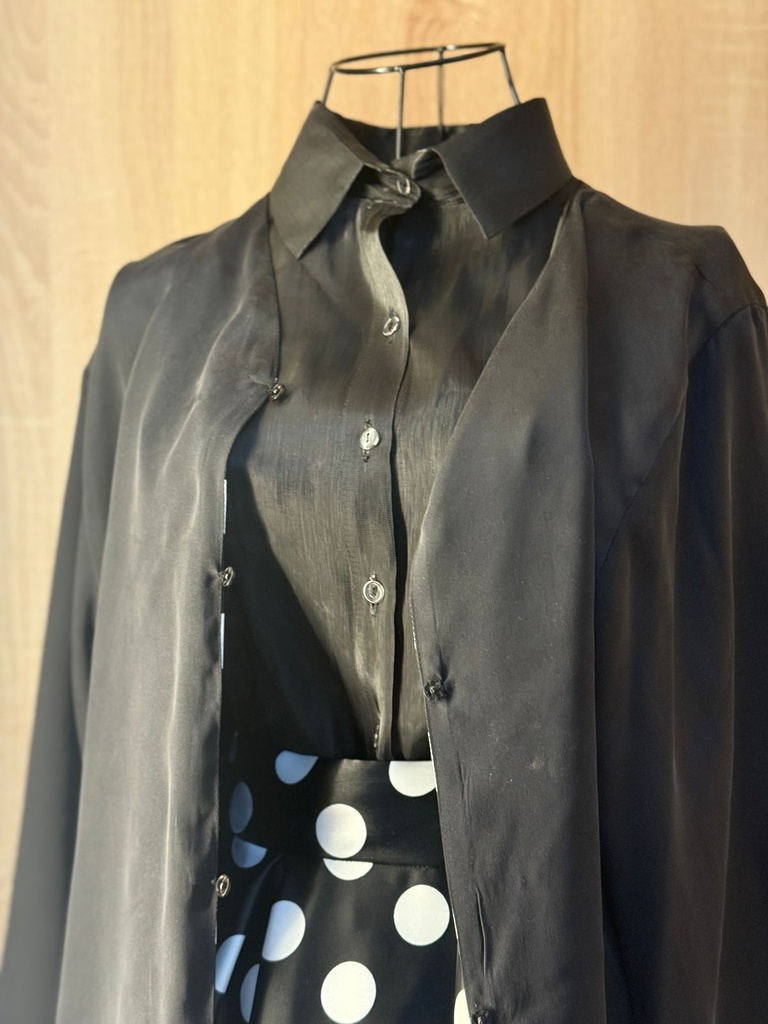 Classic black shirt and a white big polka dot skirt & abaya set 