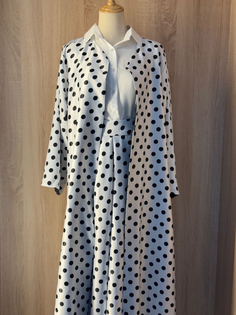 Classic white shirt and a black Small polka dot skirt & abaya set  
