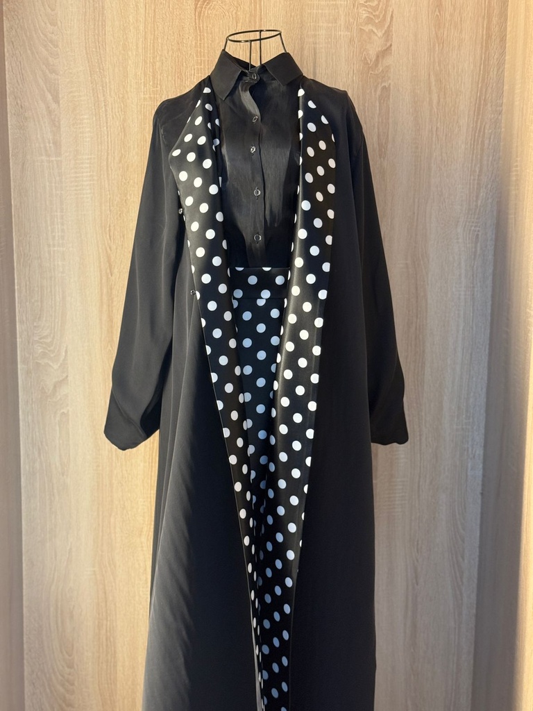 Classic black shirt and a white small polka dot skirt & abaya set  