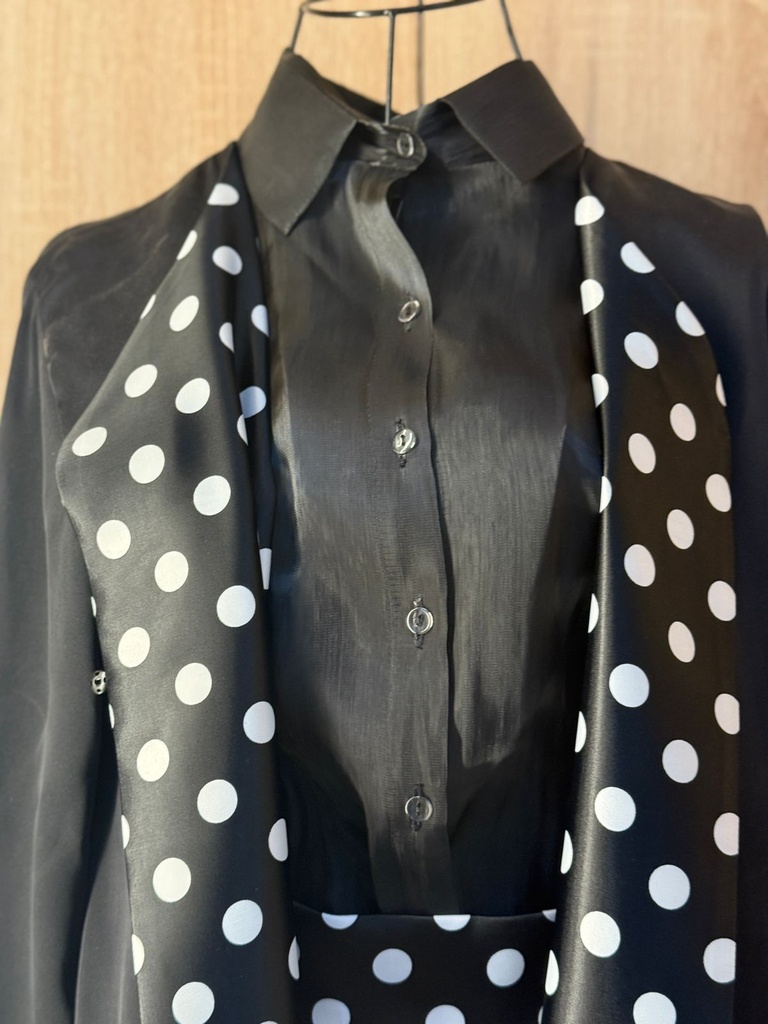 Classic black shirt and a white small polka dot skirt & abaya set  