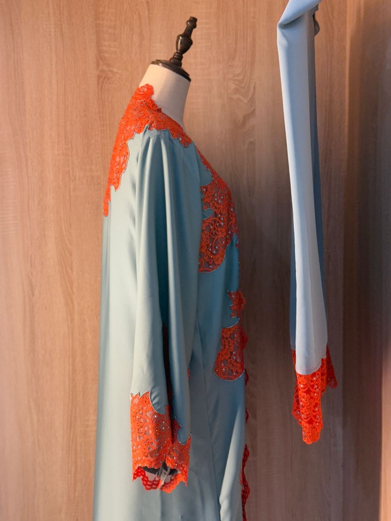 Elegant sky blue abaya set with orange lace details