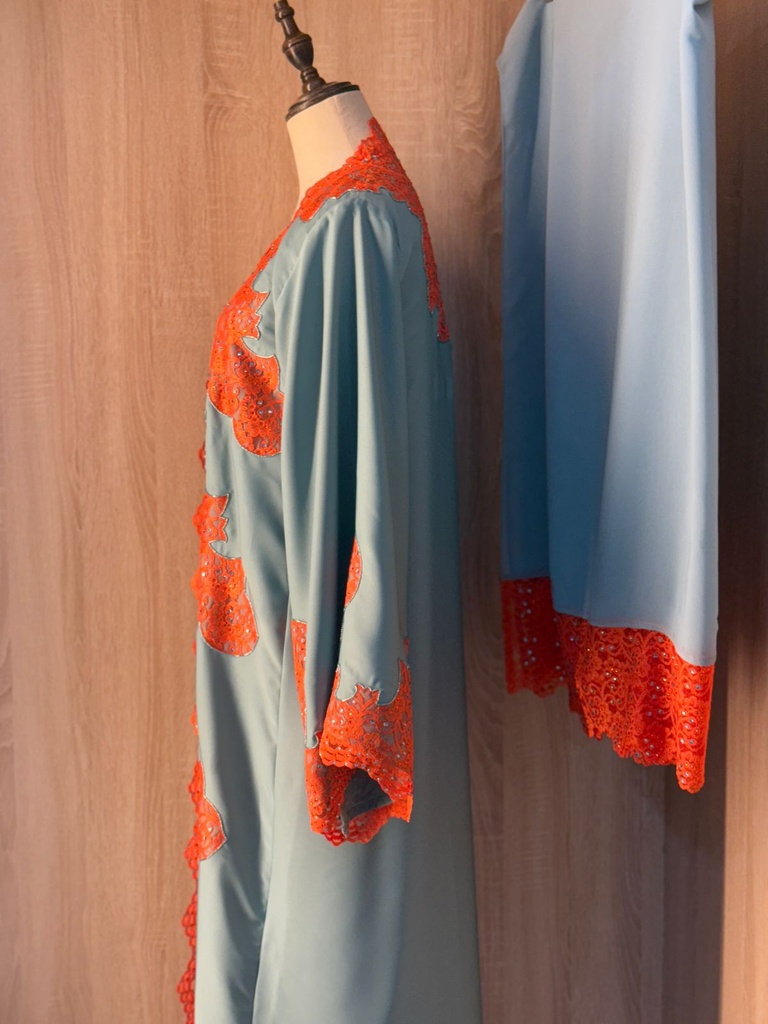Elegant sky blue abaya set with orange lace details