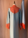 Elegant sky blue abaya set with orange lace details