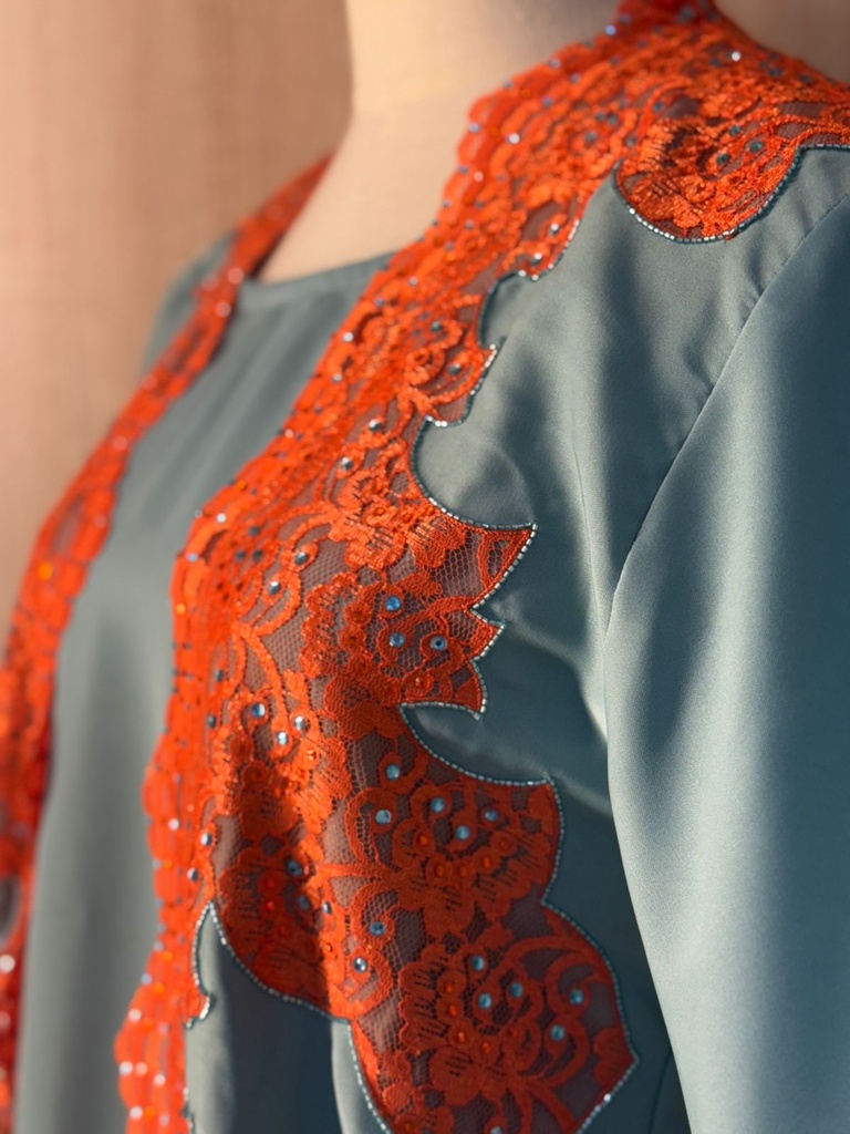Elegant sky blue abaya set with orange lace details