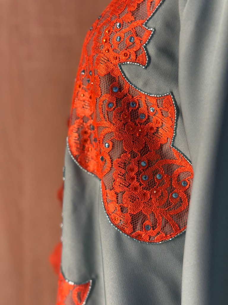 Elegant sky blue abaya set with orange lace details