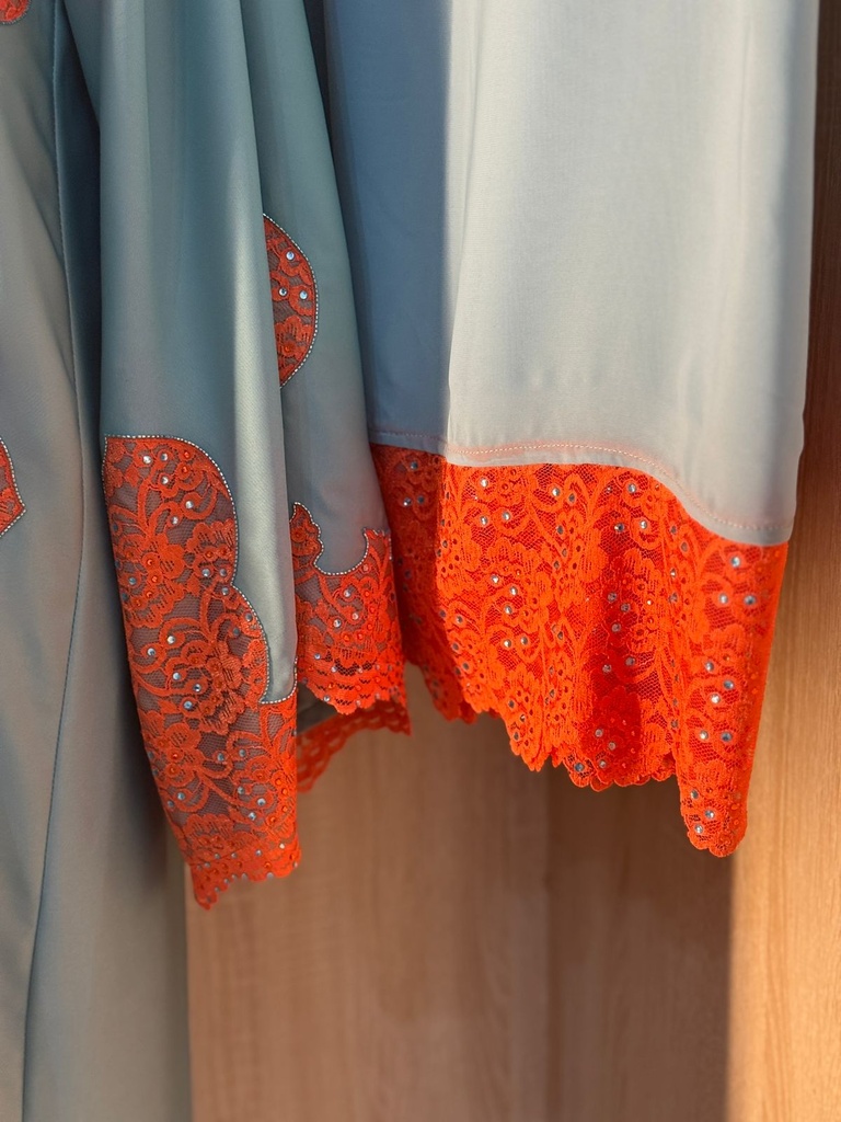 Elegant sky blue abaya set with orange lace details