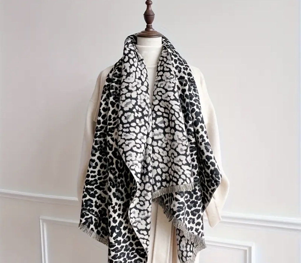 Leopard print fringed shawl 