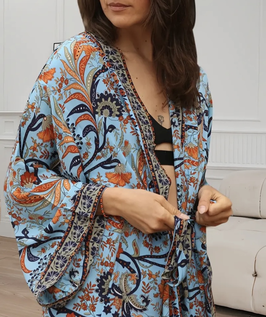 Bohemian floral bathrobe with waist tie