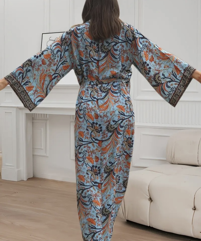 Bohemian floral bathrobe with waist tie
