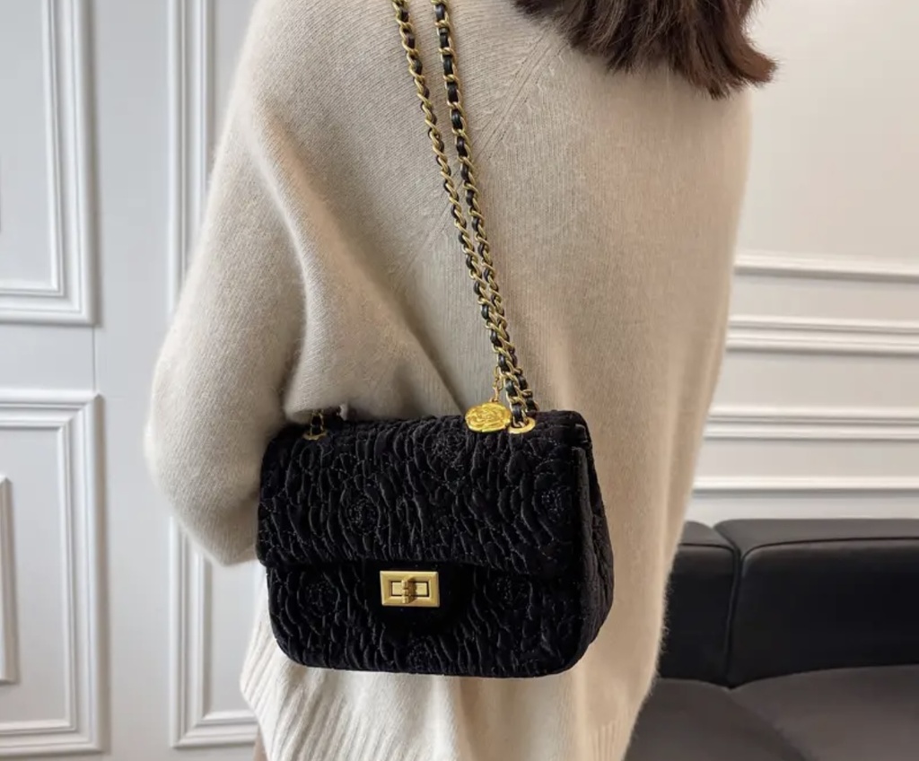 Luxury black corduroy camellia flower Crossbody Bag  