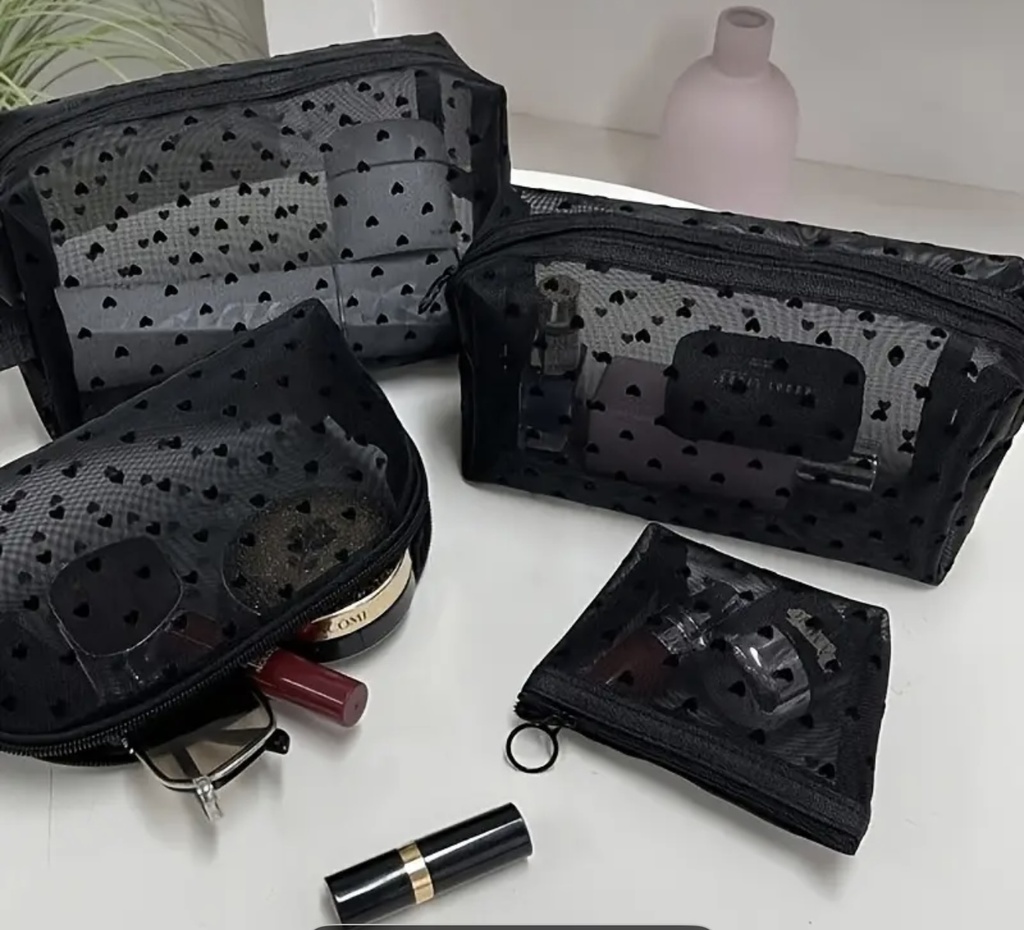 Tiny black hearts mesh bag four pieces set 