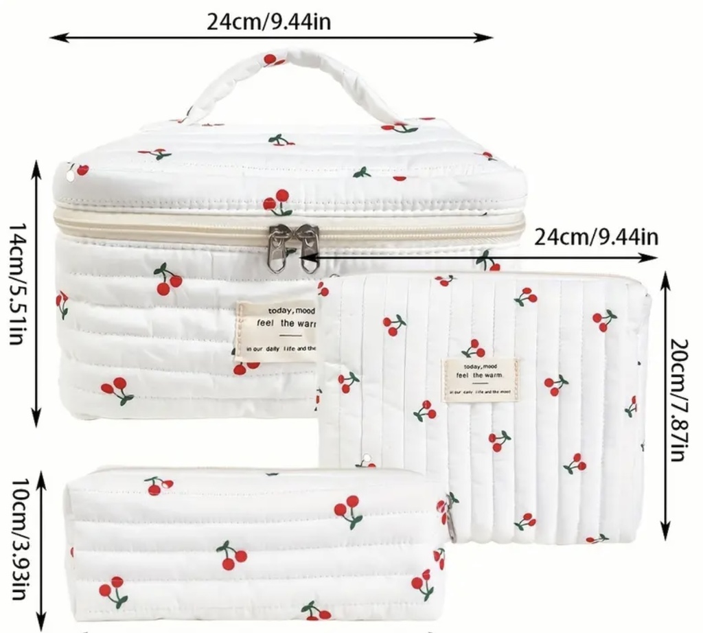 White quilted cherry print pure cotton three bags set