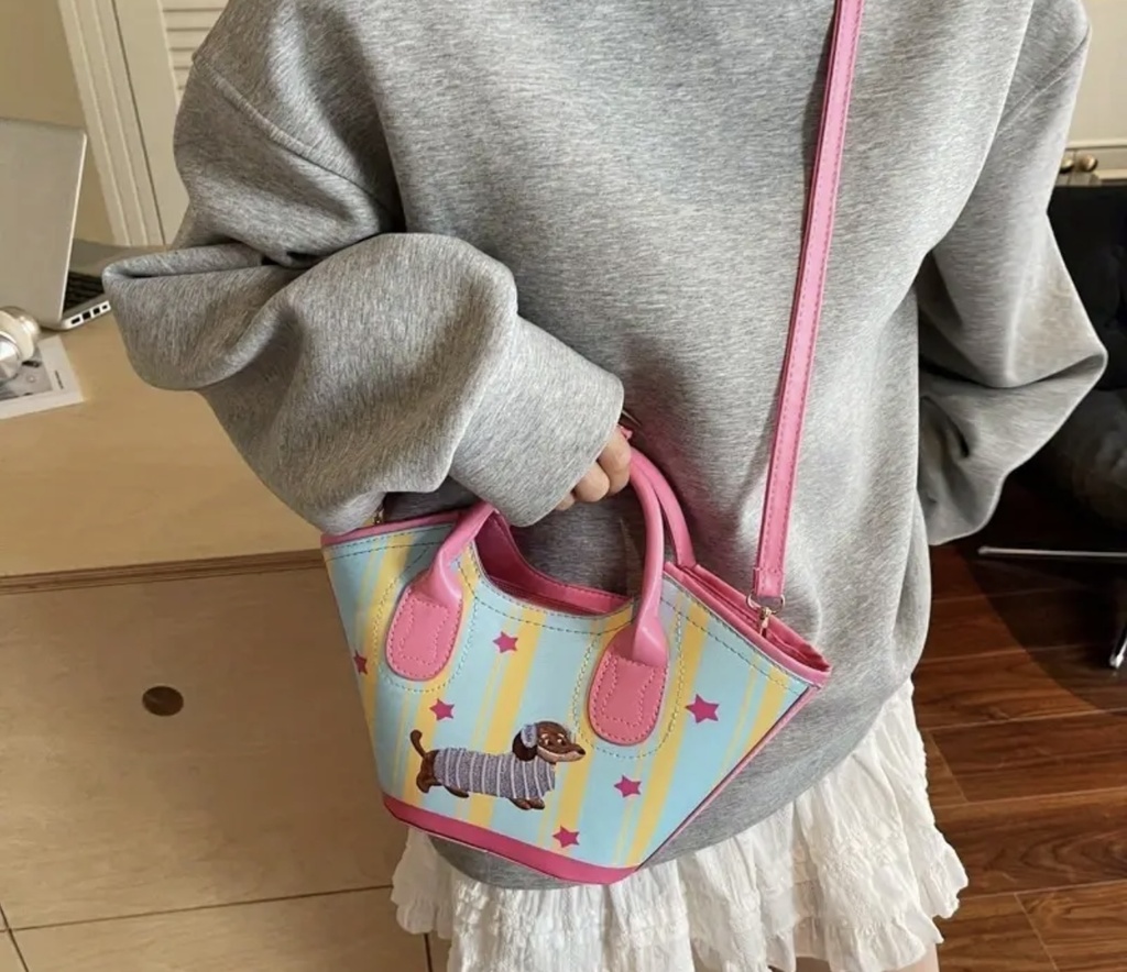 Pink dog & stars leather strip print Crossbody Bag  