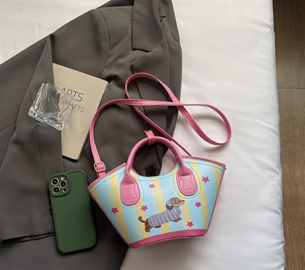 Pink dog & stars leather strip print Crossbody Bag  