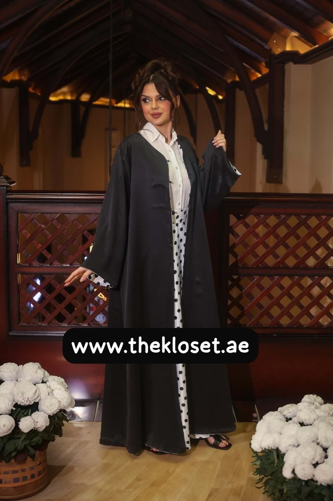 Classic white shirt and a black Small polka dot skirt & reversible abaya  